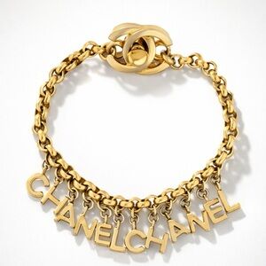 CHANEL Vintage Gold plated Letter-Logo Charm Bracelet, CC Turnlock clasp, 7”